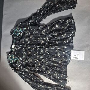 Umgee Black Floral Button-Front Boho Top with Teal and Tan Accents